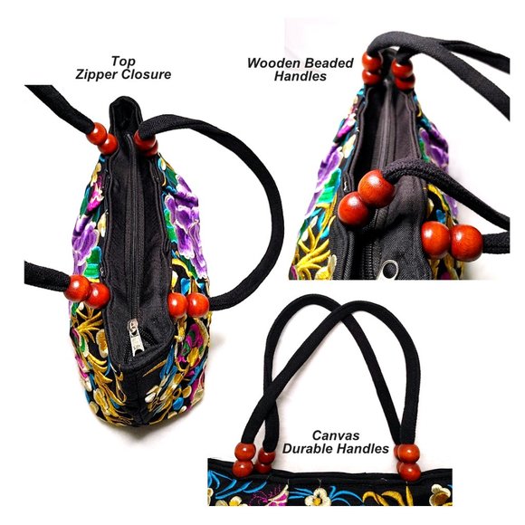 Embroidery Satchel Floral Rabbits Black Purple Canvas Tote Zip Top Handle Lined - Picture 8 of 12